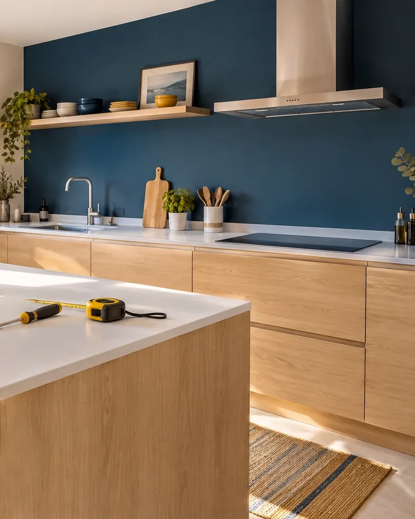 Cocina recién reformada con pared azul marino y muebles de madera clara